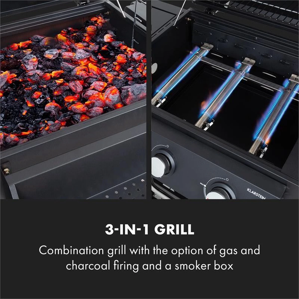 Klarstein Kingsville Double Barbecue - Houtskool- En Gasbarbecue - Smoker BBQ - Inclusief Deksels En Thermometer - Met 2 Roosters - Zwart 6 Klarstein Kingsville Double Barbecue - Houtskool- En Gasbarbecue - Smoker BBQ - Inclusief Deksels En Thermometer - Met 2 Roosters - Zwart - Afbeelding 6