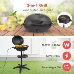 KitchenBrothers Elektrische BBQ - Met Grillplaat - Anti-aanbaklaag - Incl. Plank/Houders - Grilloppervlak 46,5x33,8cm - Tot 300°C - 2400W - Zwart -Barbecue Serie Winkel 1200x1200 130