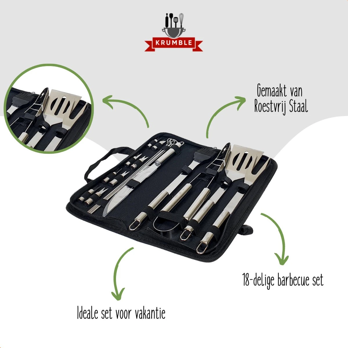 Krumble 18-delige Barbecue Set / Roestvrijstalen BBQ Set Van 18 / Inclusief Handige Opbergtas - RVS 5 Krumble 18-delige Barbecue Set / Roestvrijstalen BBQ Set Van 18 / Inclusief Handige Opbergtas - RVS - Afbeelding 5
