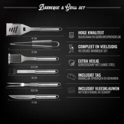 Mountain Jack® 40-Delige Luxe BBQ Grill Accessoires Set In Roestvrij Staal – Barbecue Gereedschap – Tangenset, Vlees Thermometer, Vleestang, Borstel, Spiezen, Vleesmes, Vleesvork -Barbecue Serie Winkel 1200x1200 656